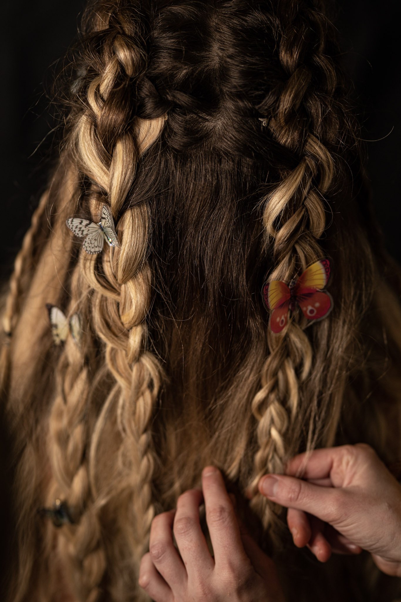 Braided hair with small decorative butterflies to represent element earth